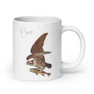 White 20oz mug with a vintage illustration of a Osprey in flight with a fish and the words "Osprey" next to the bird.