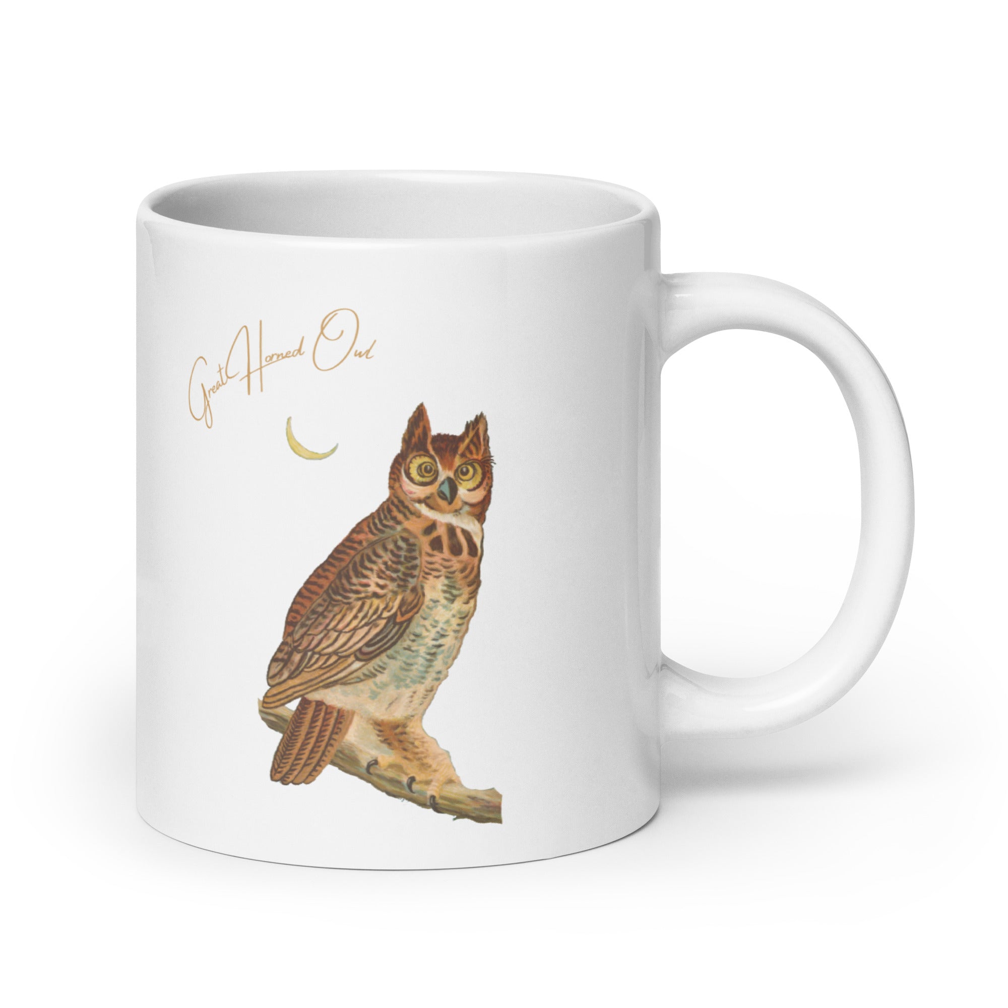 White 20oz mug with a vintage illustration of a Great Horned Owl and the words "Great Horned Owl" next to the bird.