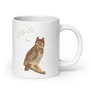 White 20oz mug with a vintage illustration of a Great Horned Owl and the words "Great Horned Owl" next to the bird.