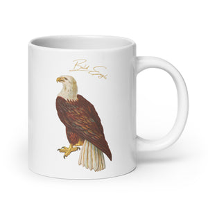 White 20oz mug with a vintage illustration of a Bald Eagle and the words "Bald Eagle" next to the bird.