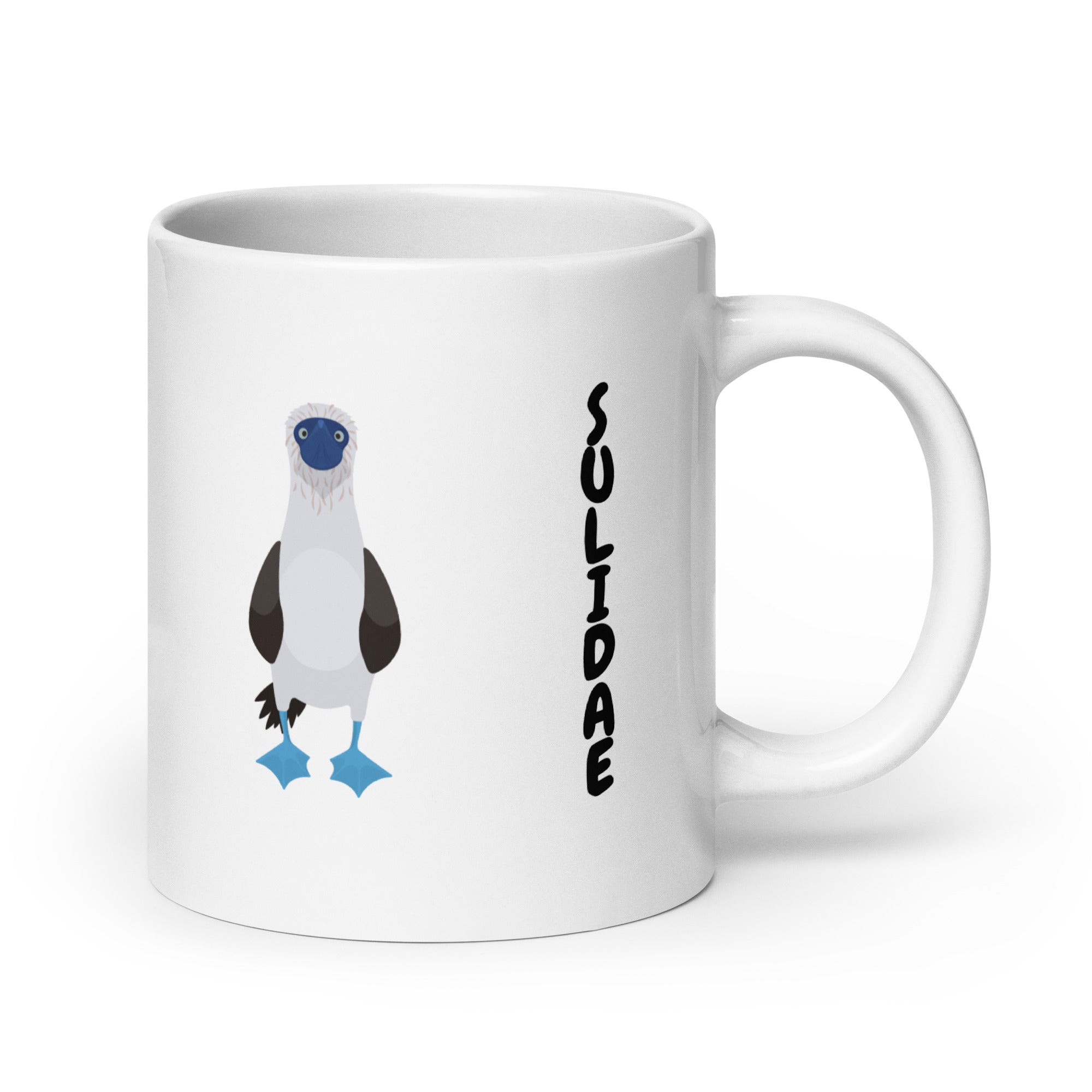 white glossy 20 ounce mug with illustrations of the blue-footed, red-footed and brown booby and the words, "I'm just here for the Sulidae." Mug handle to the right.