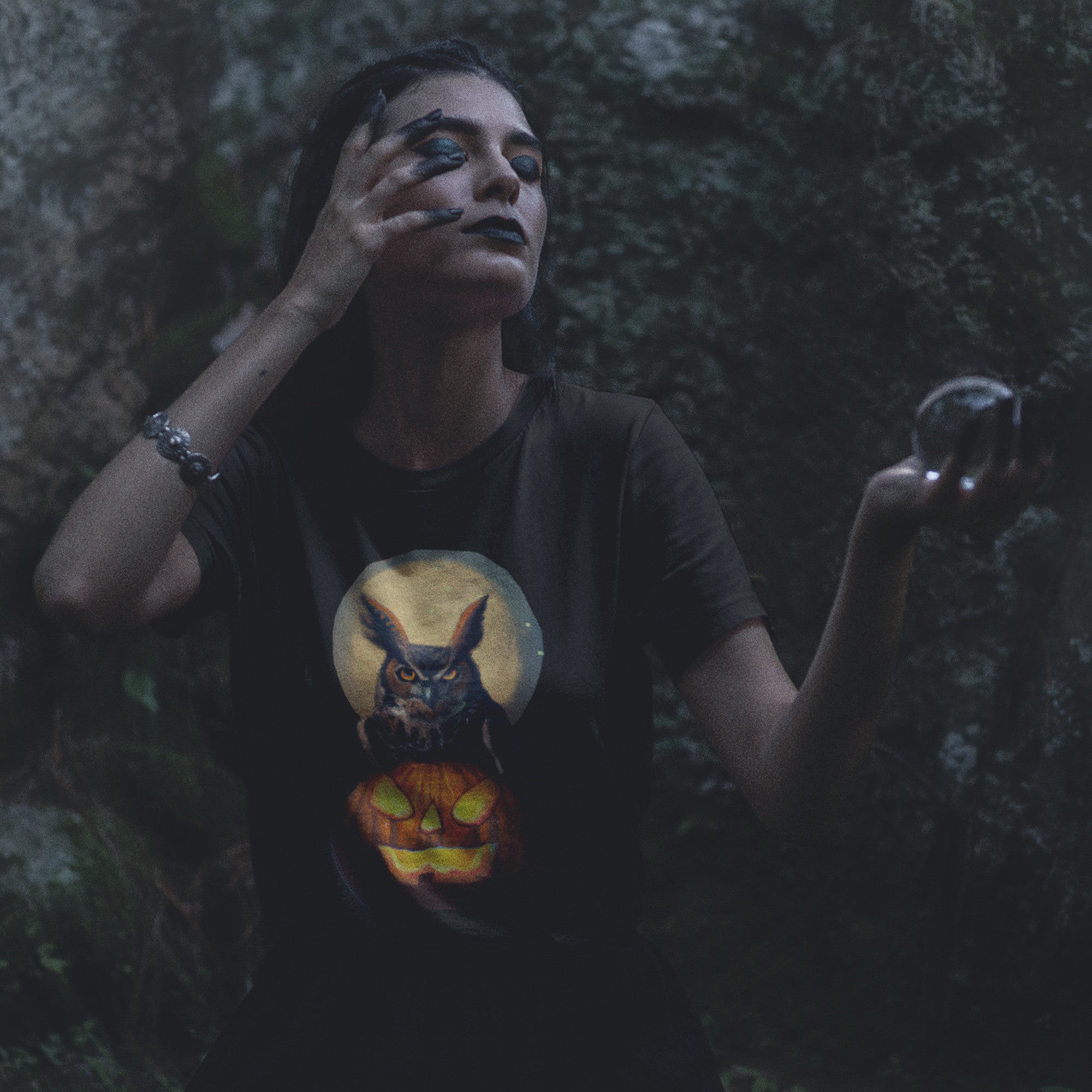 Black bird t-shirt with a great horned owl sitting behind a jack-o-lantern with a full moon rising behind.