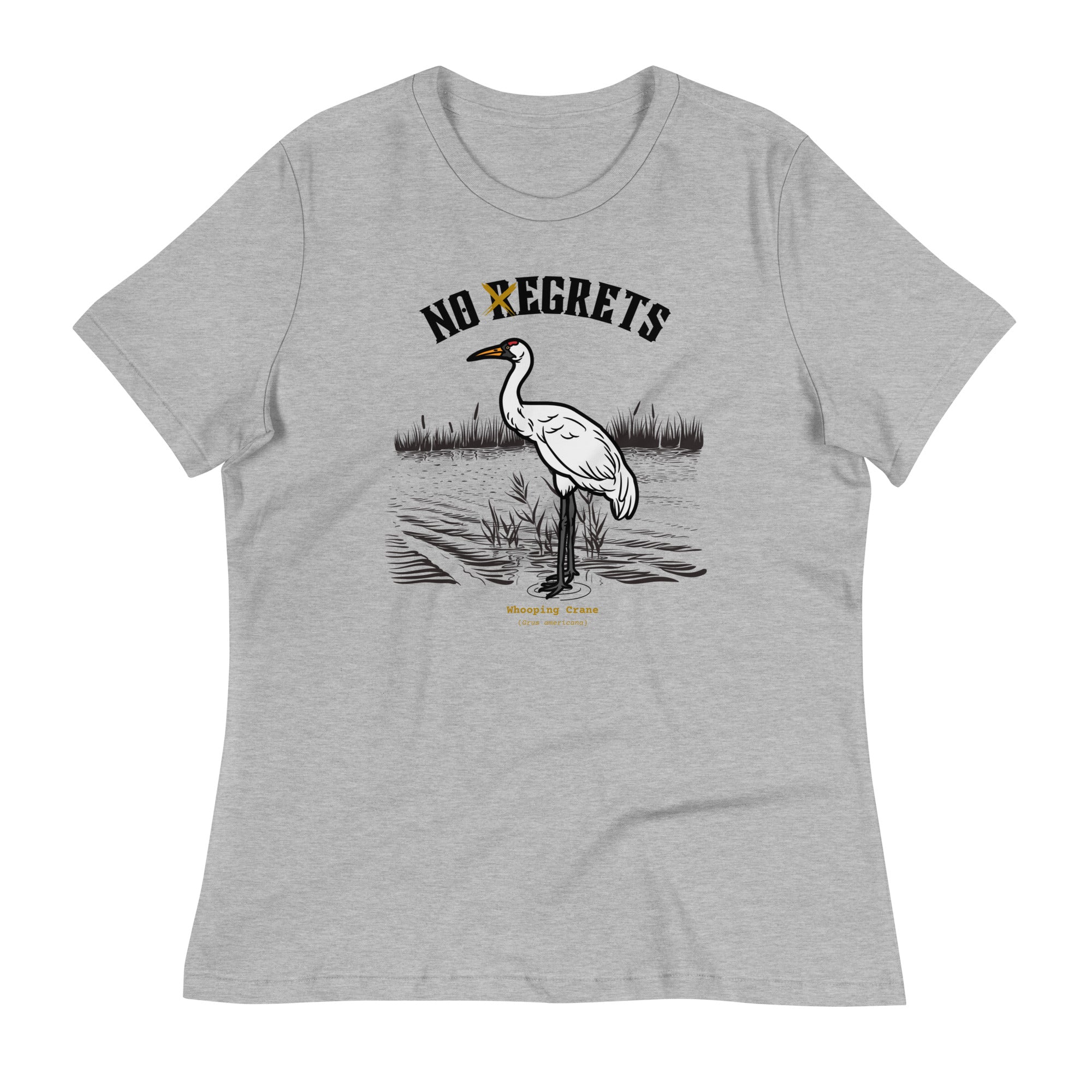 Light heather gray women's bird shirt featuring a play on the "No Regrets" tattoo that has the "R" crossed out to say "No Egrets" with a Whooping Crane below in a wetland setting.