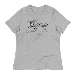 Light heather gray bird shirt featuring an illustration of a three sanderlings on a beach and the common and scientific names for the bird underneath.