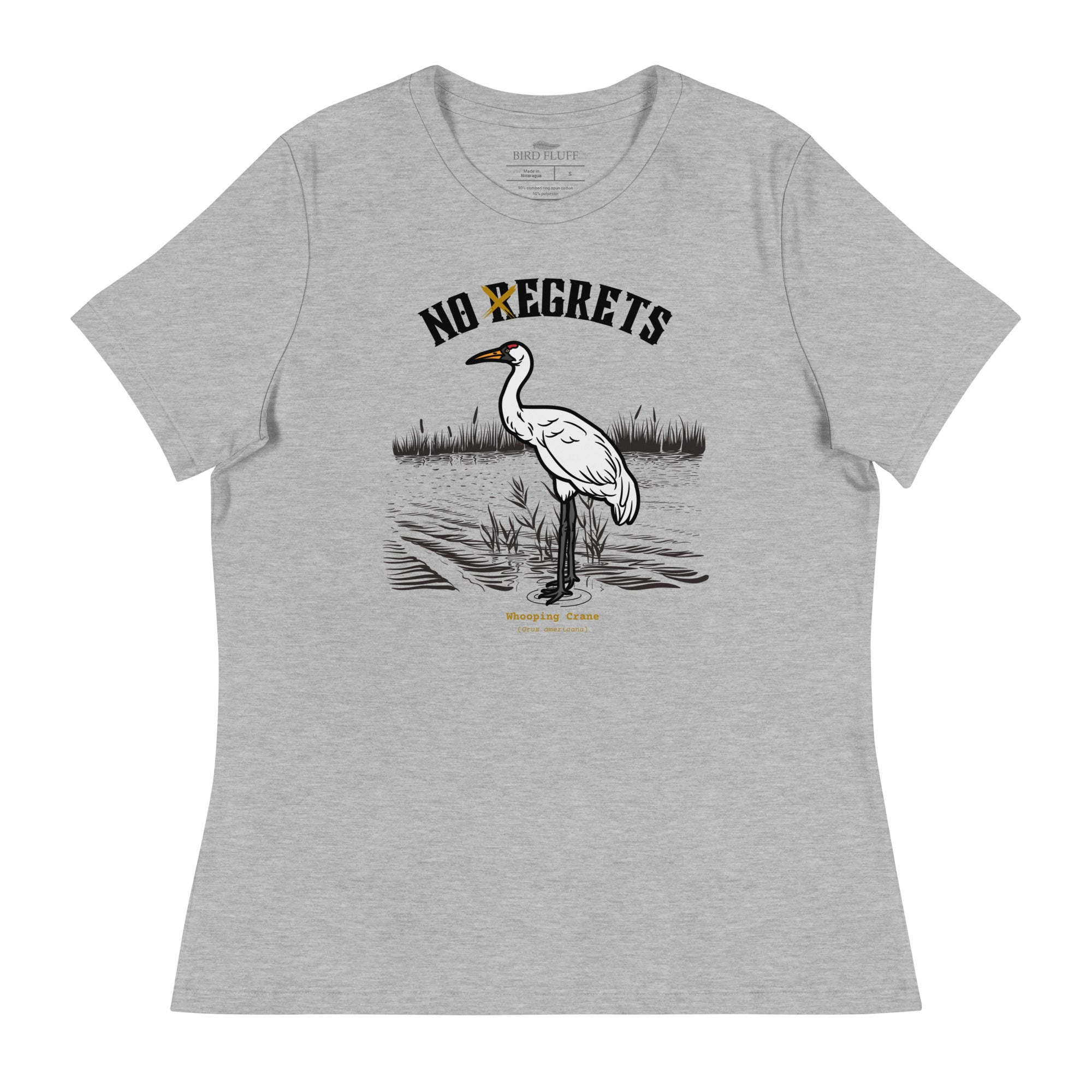 Light heather gray women's bird shirt featuring a play on the "No Regrets" tattoo that has the "R" crossed out to say "No Egrets" with a Whooping Crane below in a wetland setting. 