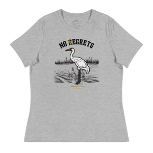 Light heather gray women's bird shirt featuring a play on the "No Regrets" tattoo that has the "R" crossed out to say "No Egrets" with a Whooping Crane below in a wetland setting. 