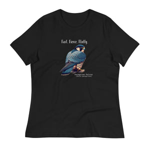 A black women's bird shirt with the words, "Fast. Fierce. Fluffy" above an illustration of a peregrine falcon.