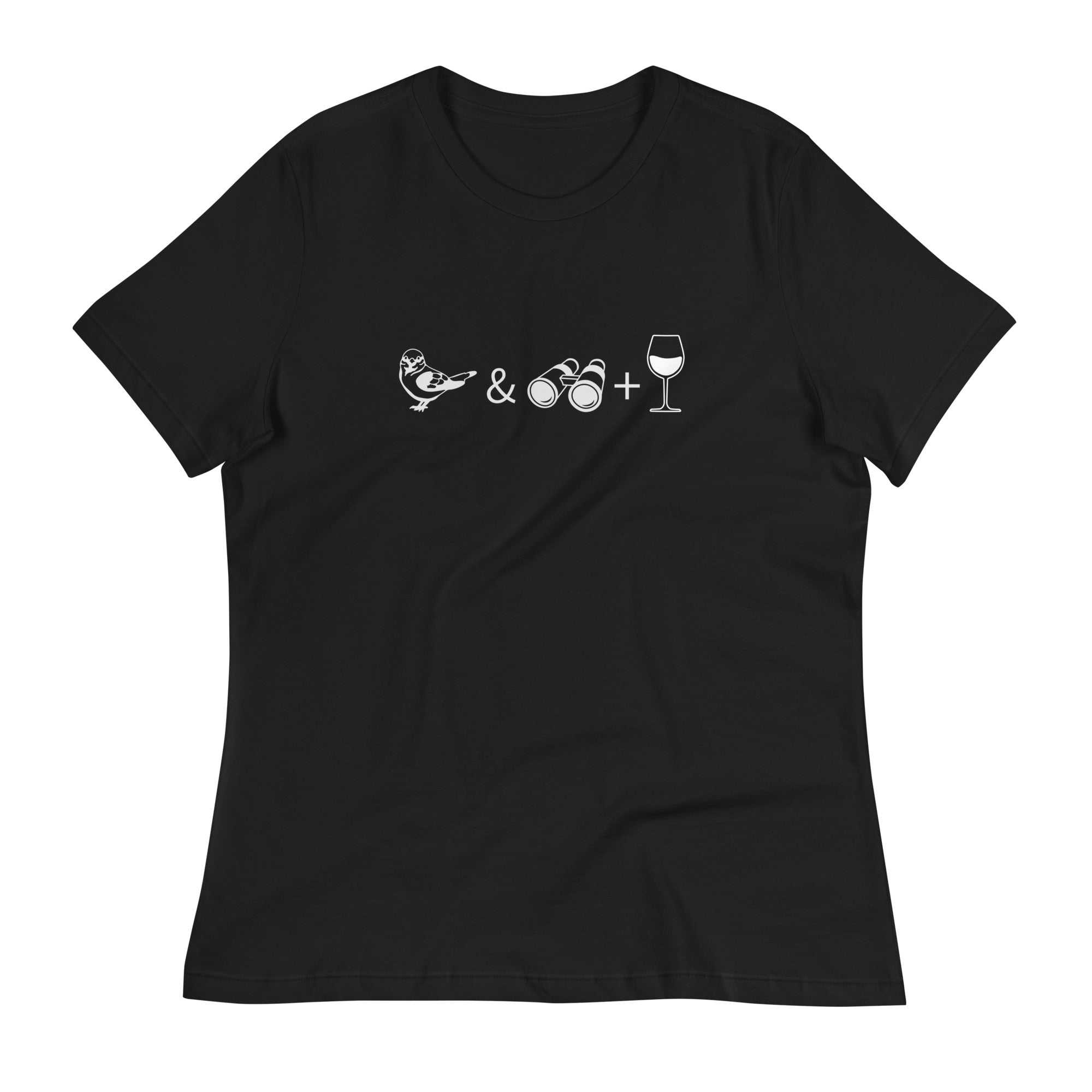 Black women's bird t-shirt celebrating bird watching and wine drinking with a graphic of binoculars, a bird, and a glass of wine.