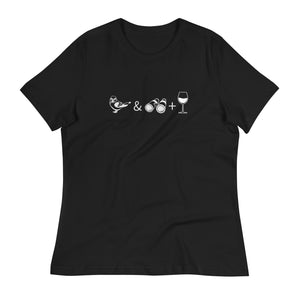 Black women's bird t-shirt celebrating bird watching and wine drinking with a graphic of binoculars, a bird, and a glass of wine.