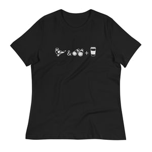 Black women's bird t-shirt celebrating bird watching and coffee with a graphic of binoculars, a bird, and a travel cup of coffee. 