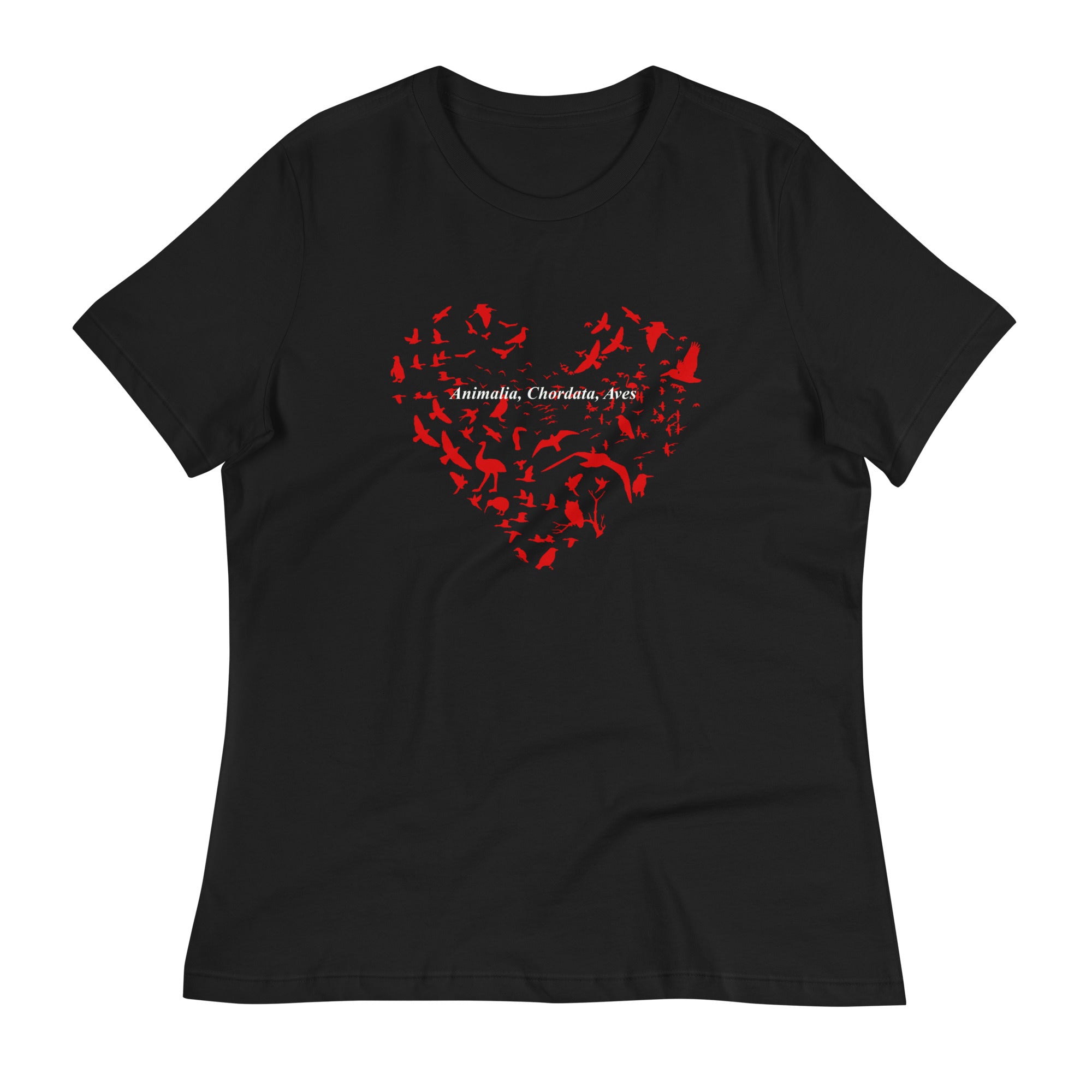 Black women's bird t-shirt with a bird silhouettes of many different types of birds in red and arranged so they make a heart shape, on top of that the words, "Animalia, Chordata, Aves".