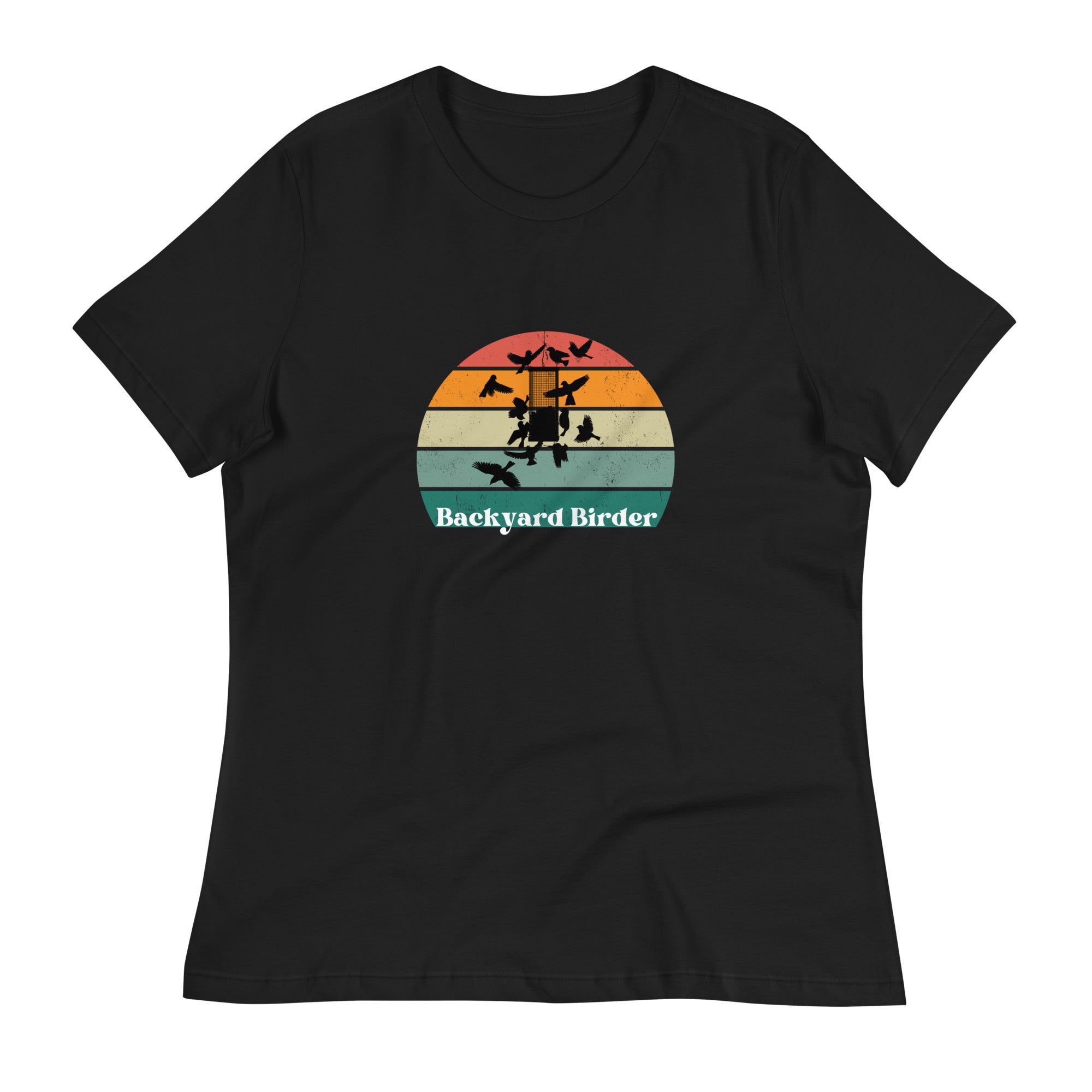 A black women's bird shirt with a retro sun design outlining a bird feeder with the words Backyard Birder.