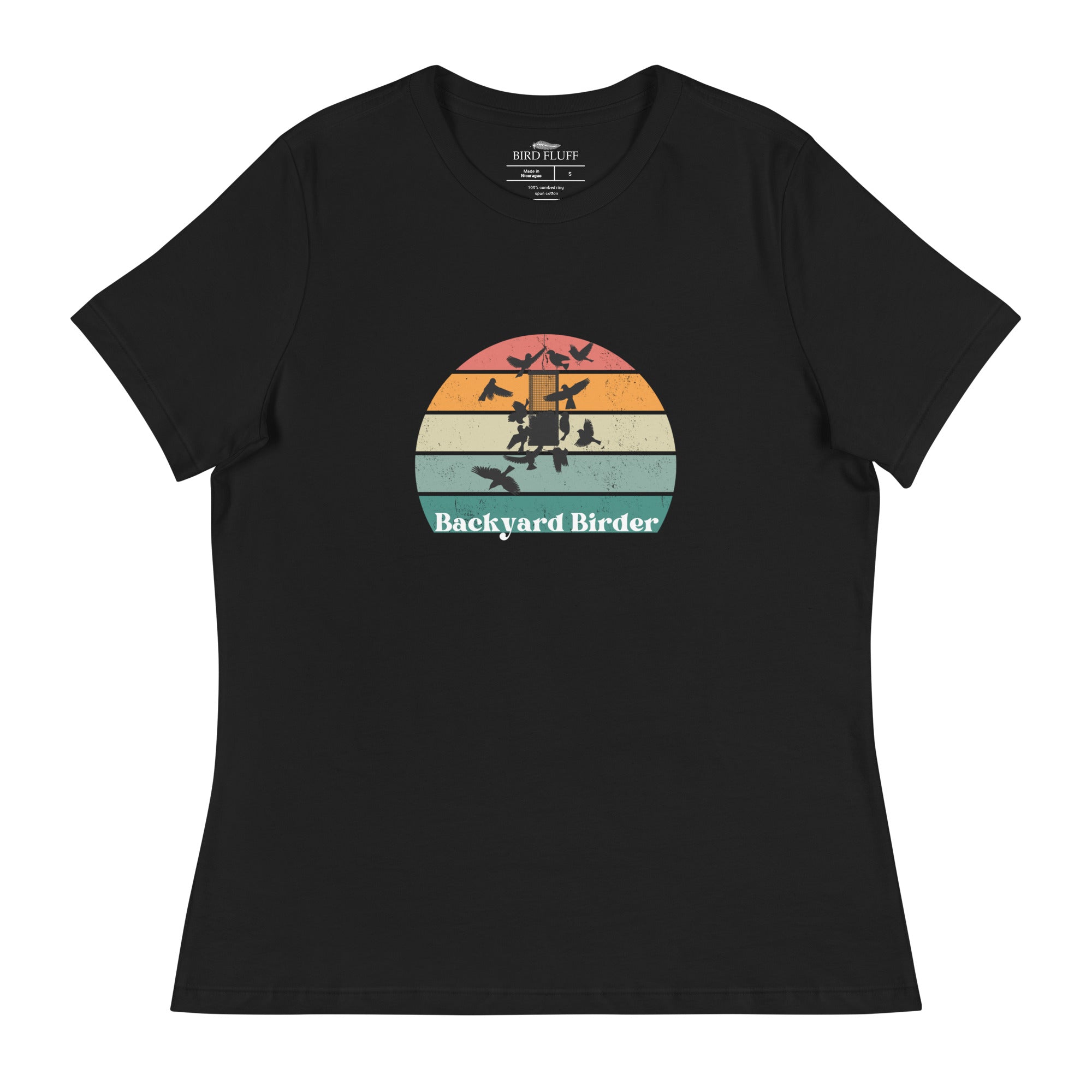 Black women's bird shirt with a retro sun design outlining a bird feeder with the words Backyard Birder.