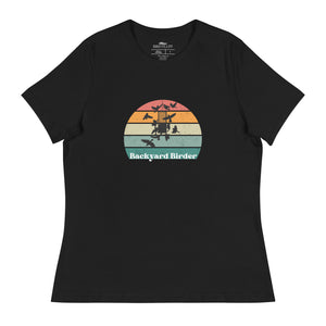 Black women's bird shirt with a retro sun design outlining a bird feeder with the words Backyard Birder.