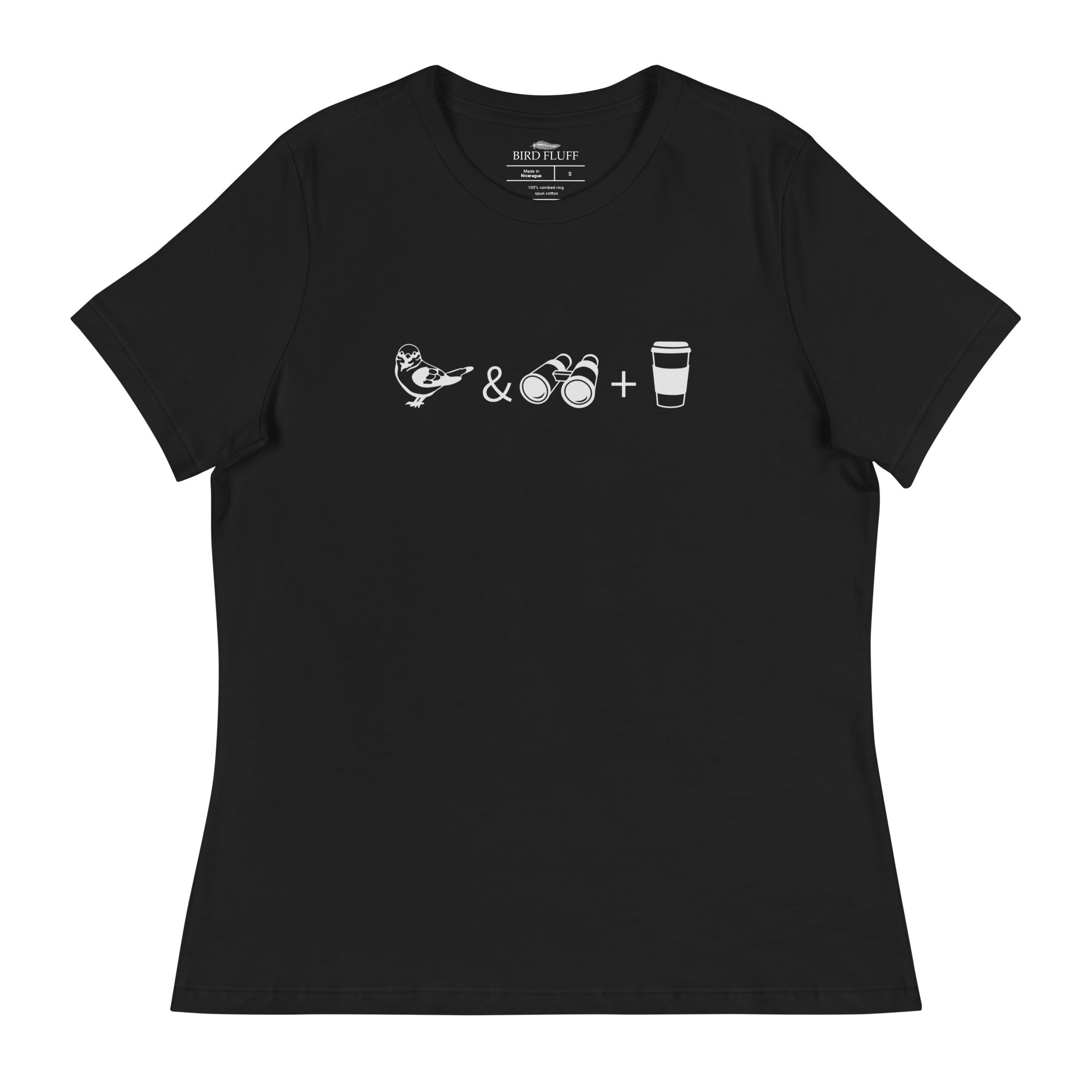 Black women's bird t-shirt celebrating bird watching and coffee with a graphic of binoculars, a bird, and a travel cup of coffee.