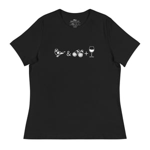 Black women's bird t-shirt celebrating bird watching and wine drinking with a graphic of binoculars, a bird, and a glass of wine.