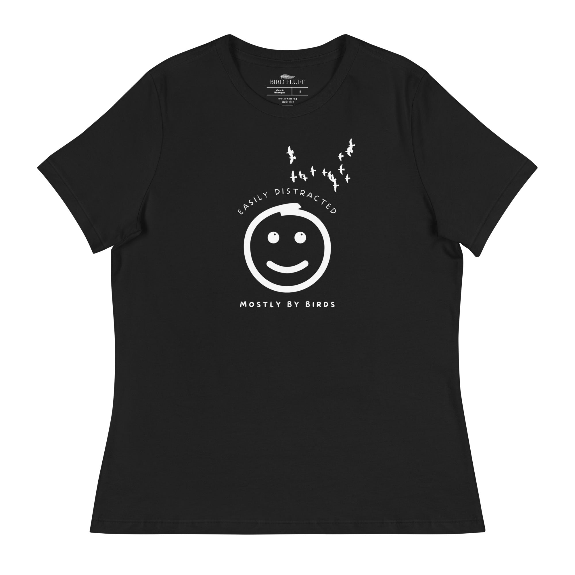 Black women's bird t-shirt with a smiley face looking up and to the side at a flock of birds surrounded by the words, "Easily Distracted" above and, "Mostly by Birds" below.