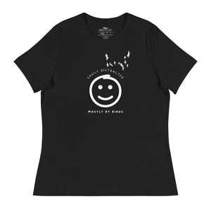 Black women's bird t-shirt with a smiley face looking up and to the side at a flock of birds surrounded by the words, "Easily Distracted" above and, "Mostly by Birds" below.