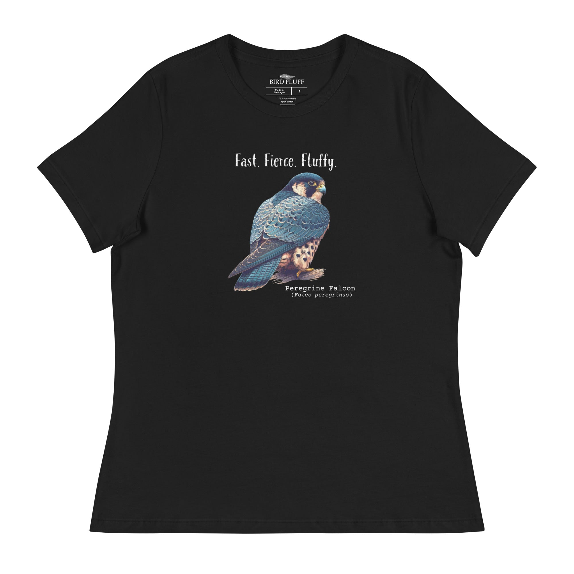 A black women's bird shirt with the words, "Fast. Fierce. Fluffy" above an illustration of a peregrine falcon.