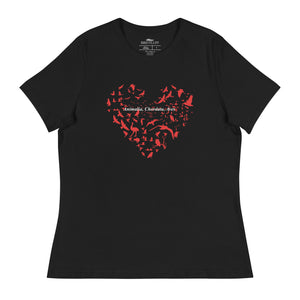 Black women's bird t-shirt with a bird silhouettes of many different types of birds in red and arranged so they make a heart shape, on top of that the words, "Animalia, Chordata, Aves".