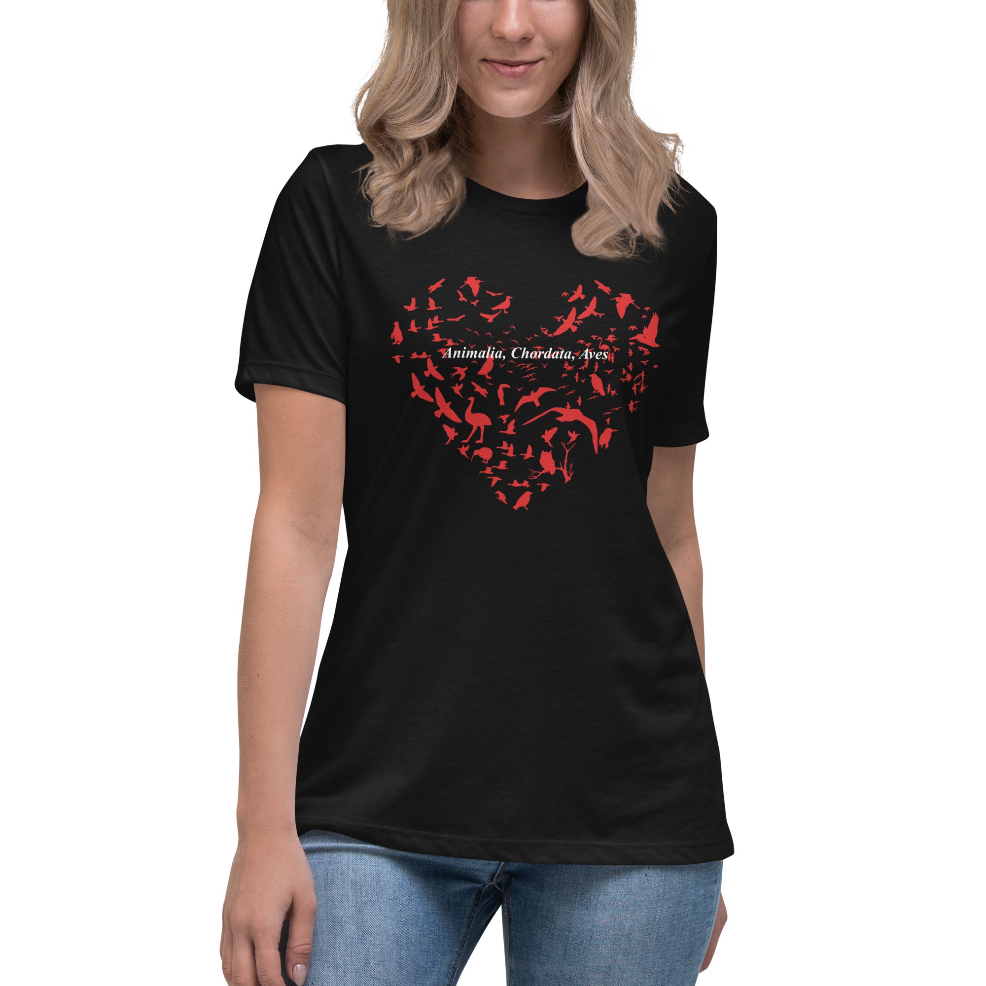 Black women's bird t-shirt with a bird silhouettes of many different types of birds in red and arranged so they make a heart shape, on top of that the words, "Animalia, Chordata, Aves".