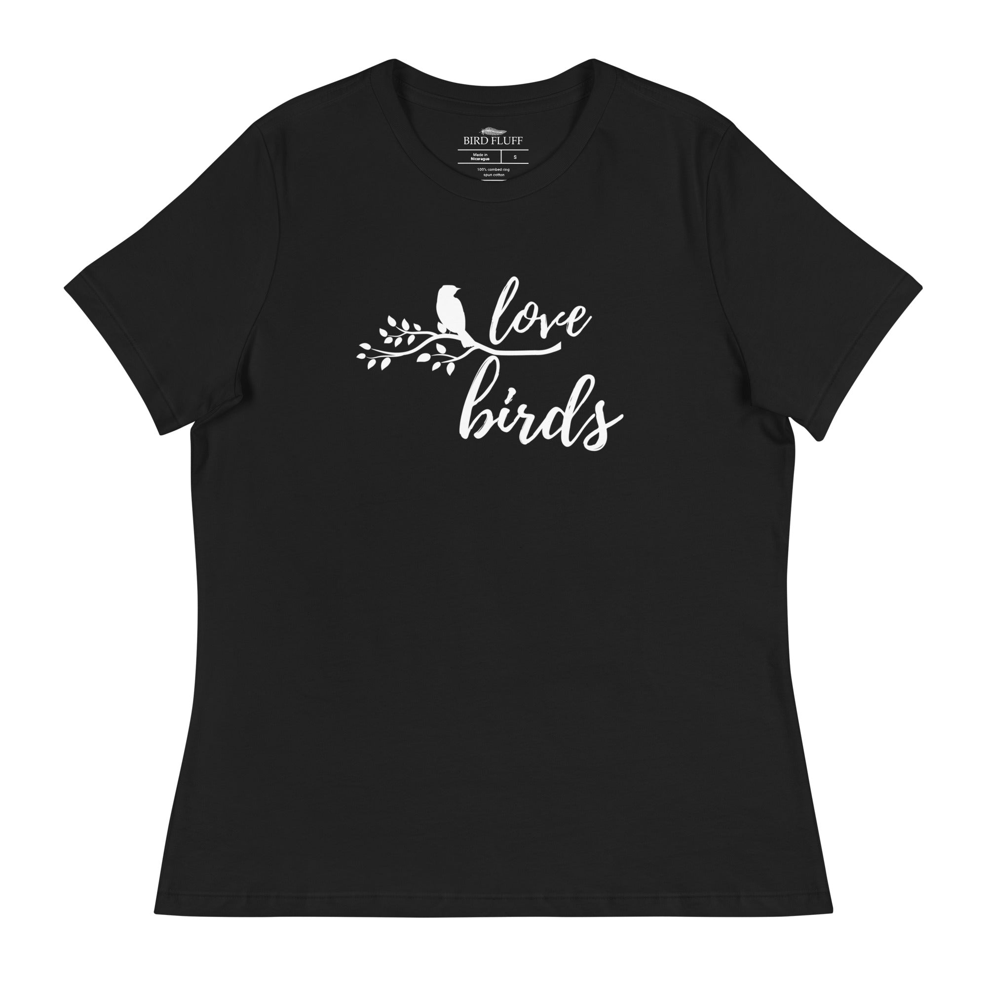 Black women's birding t-shirt with the words Love birds and a graphic of a bird on a branch in white.