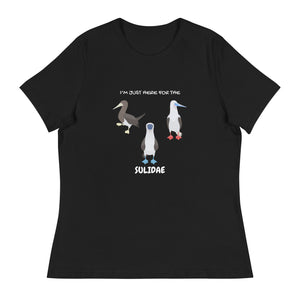 Black women's fit birder shirt with a red-footed, blue-footed and brown booby on it, but referencing only the scientific family name for the bird.