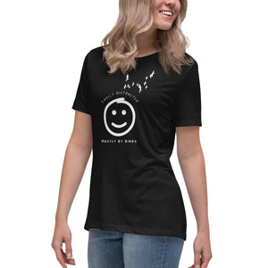 Black women's bird t-shirt with a smiley face looking up and to the side at a flock of birds surrounded by the words, "Easily Distracted" above and, "Mostly by Birds" below. Worn by a woman.