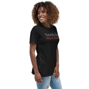 Black women's bird shirt with the words Nerdy for them birdies on the front in two coordinating fonts and colors. Worn by a woman.