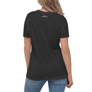 Dark heather gray women's bird t-shirt celebrating bird watching and wine drinking with a graphic of binoculars, a bird, and a glass of wine. Rear of shirt shown with small brand logo near collar.