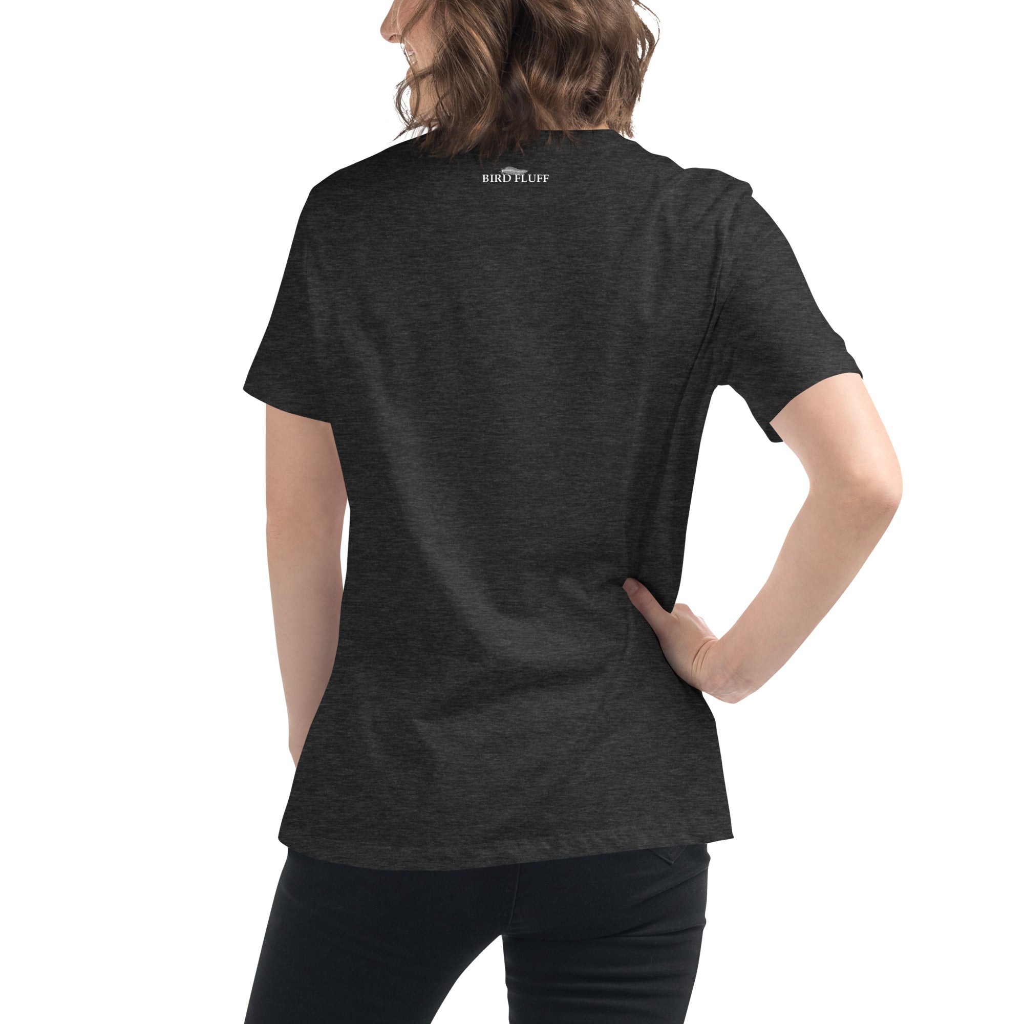 Dark heather gray women's bird t-shirt with a bird silhouettes of many different types of birds in red and arranged so they make a heart shape, on top of that the words, "Animalia, Chordata, Aves". Rear view shown with small brand logo near collar.