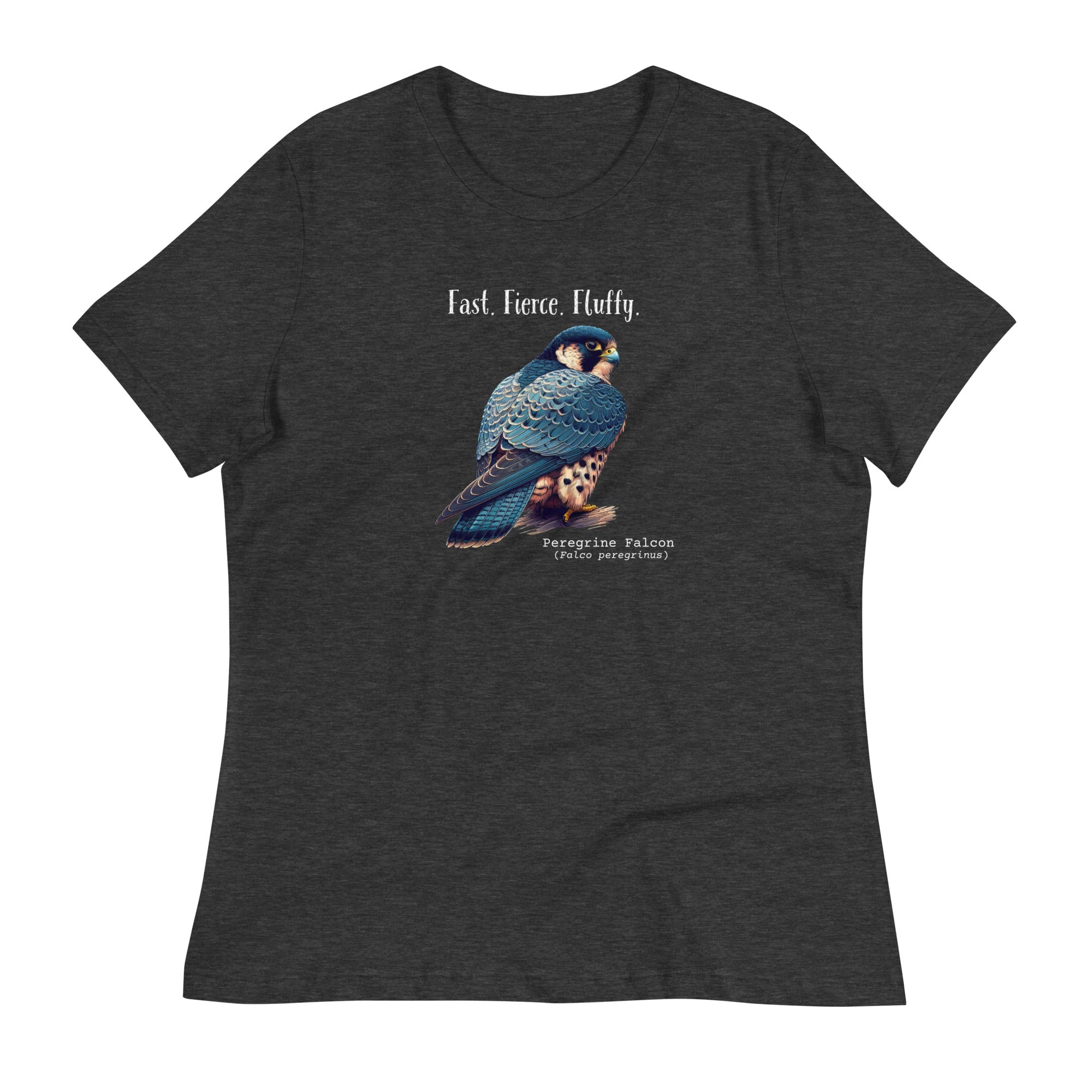 A dark heather gray women's bird shirt with the words, "Fast. Fierce. Fluffy" above an illustration of a peregrine falcon.