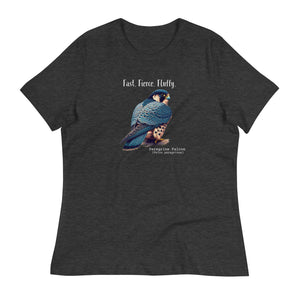 A dark heather gray women's bird shirt with the words, "Fast. Fierce. Fluffy" above an illustration of a peregrine falcon.