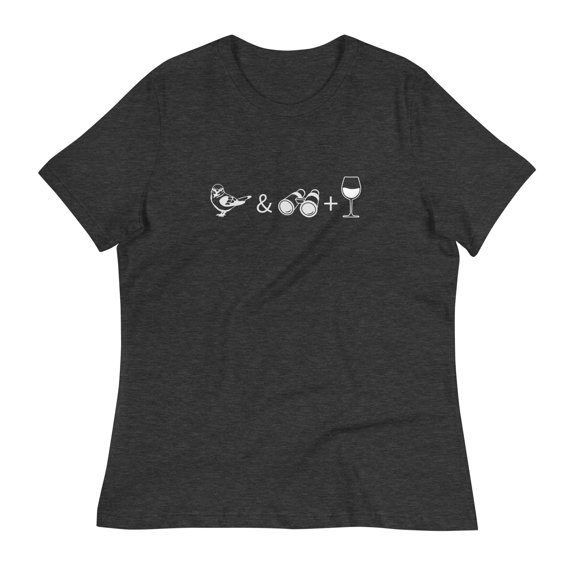 Dark heather gray women's bird t-shirt celebrating bird watching and wine drinking with a graphic of binoculars, a bird, and a glass of wine.