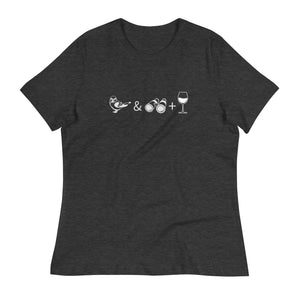 Dark heather gray women's bird t-shirt celebrating bird watching and wine drinking with a graphic of binoculars, a bird, and a glass of wine.