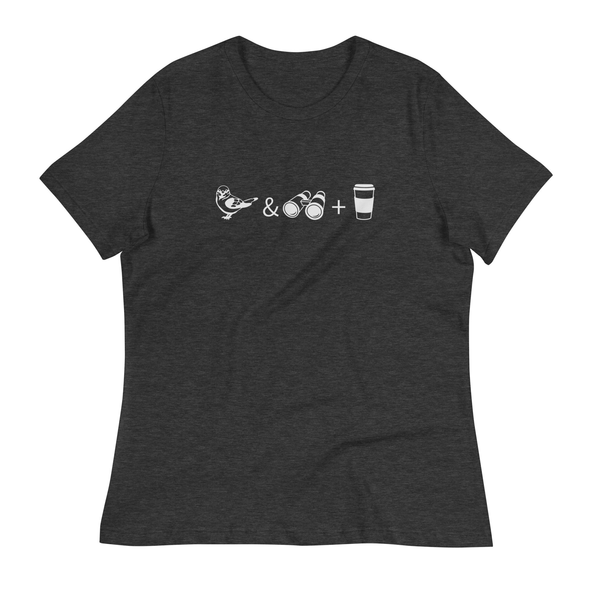 Dark heather gray women's bird t-shirt celebrating bird watching and coffee with a graphic of binoculars, a bird, and a travel cup of coffee. 