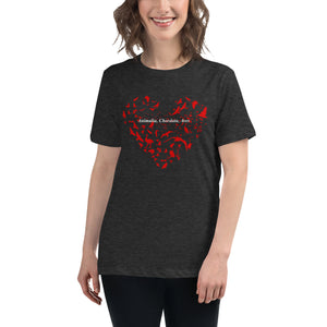 Dark heather gray women's bird t-shirt with a bird silhouettes of many different types of birds in red and arranged so they make a heart shape, on top of that the words, "Animalia, Chordata, Aves". Worn by a woman.