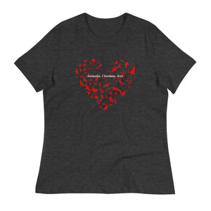 Dark heather gray women's bird t-shirt with a bird silhouettes of many different types of birds in red and arranged so they make a heart shape, on top of that the words, "Animalia, Chordata, Aves". 