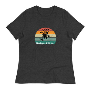 Dark heather gray women's bird shirt with a retro sun design outlining a bird feeder with the words Backyard Birder.