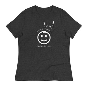 Dark heather gray women's bird t-shirt with a smiley face looking up and to the side at a flock of birds surrounded by the words, "Easily Distracted" above and, "Mostly by Birds" below.