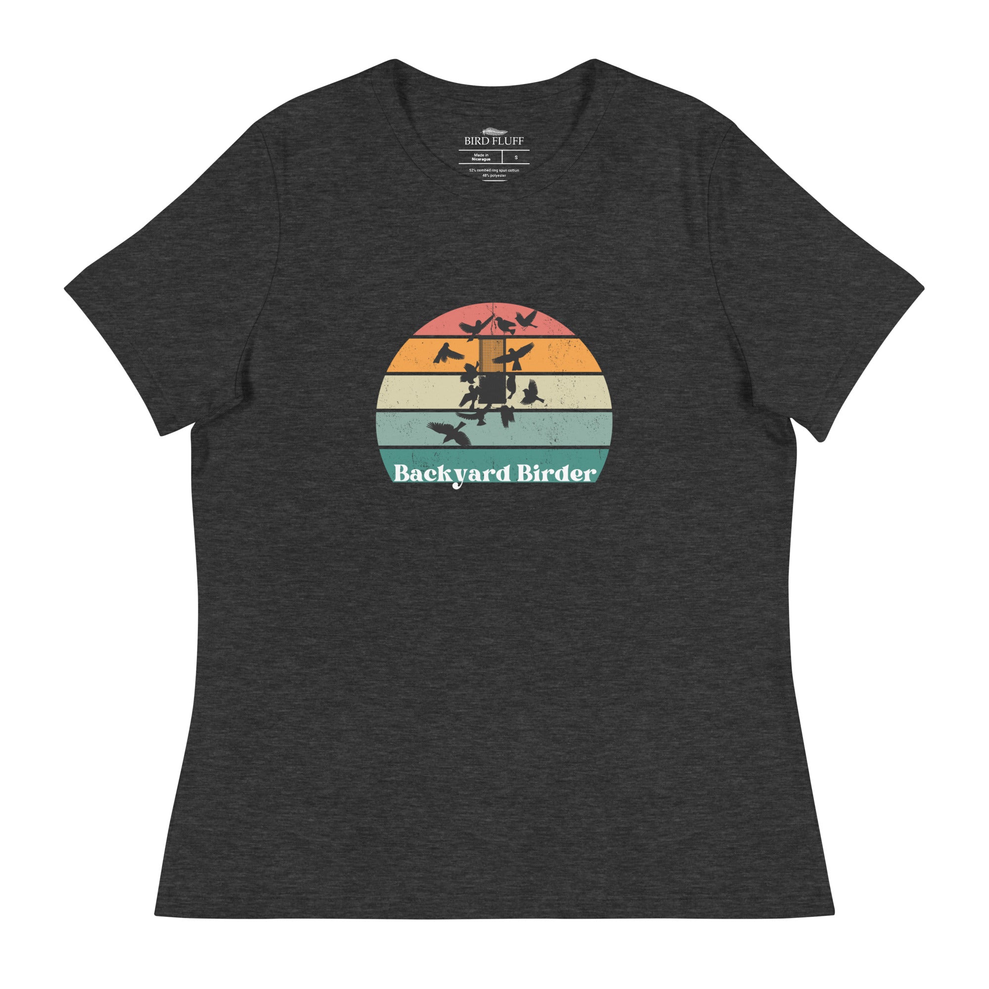 Dark gray heather women's bird shirt with a retro sun design outlining a bird feeder with the words Backyard Birder.