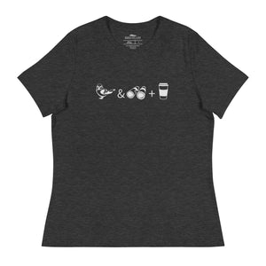 Dark heather gray women's bird t-shirt celebrating bird watching and coffee with a graphic of binoculars, a bird, and a travel cup of coffee.