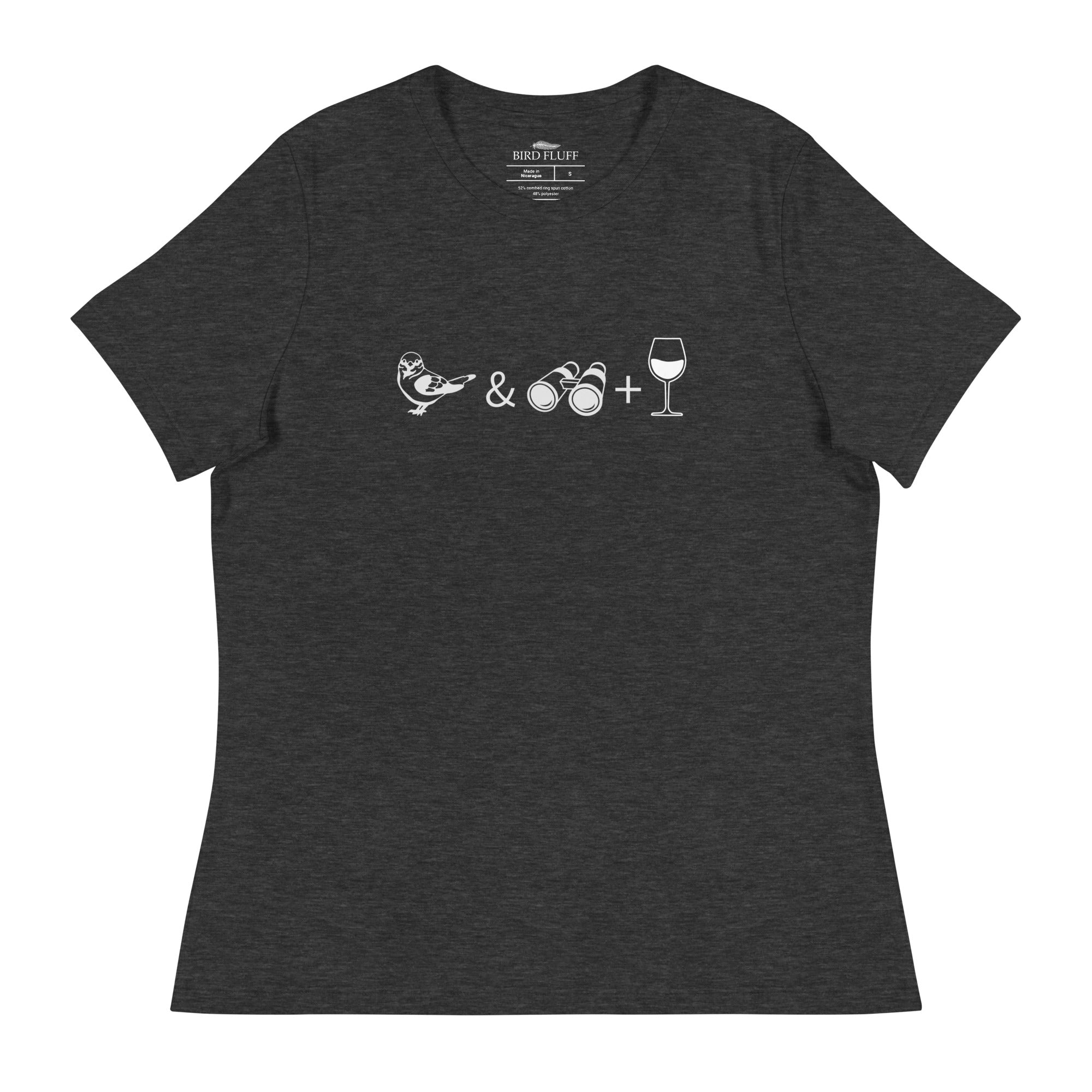 Dark heather gray women's bird t-shirt celebrating bird watching and wine drinking with a graphic of binoculars, a bird, and a glass of wine.