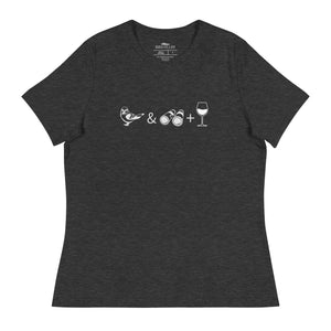 Dark heather gray women's bird t-shirt celebrating bird watching and wine drinking with a graphic of binoculars, a bird, and a glass of wine.