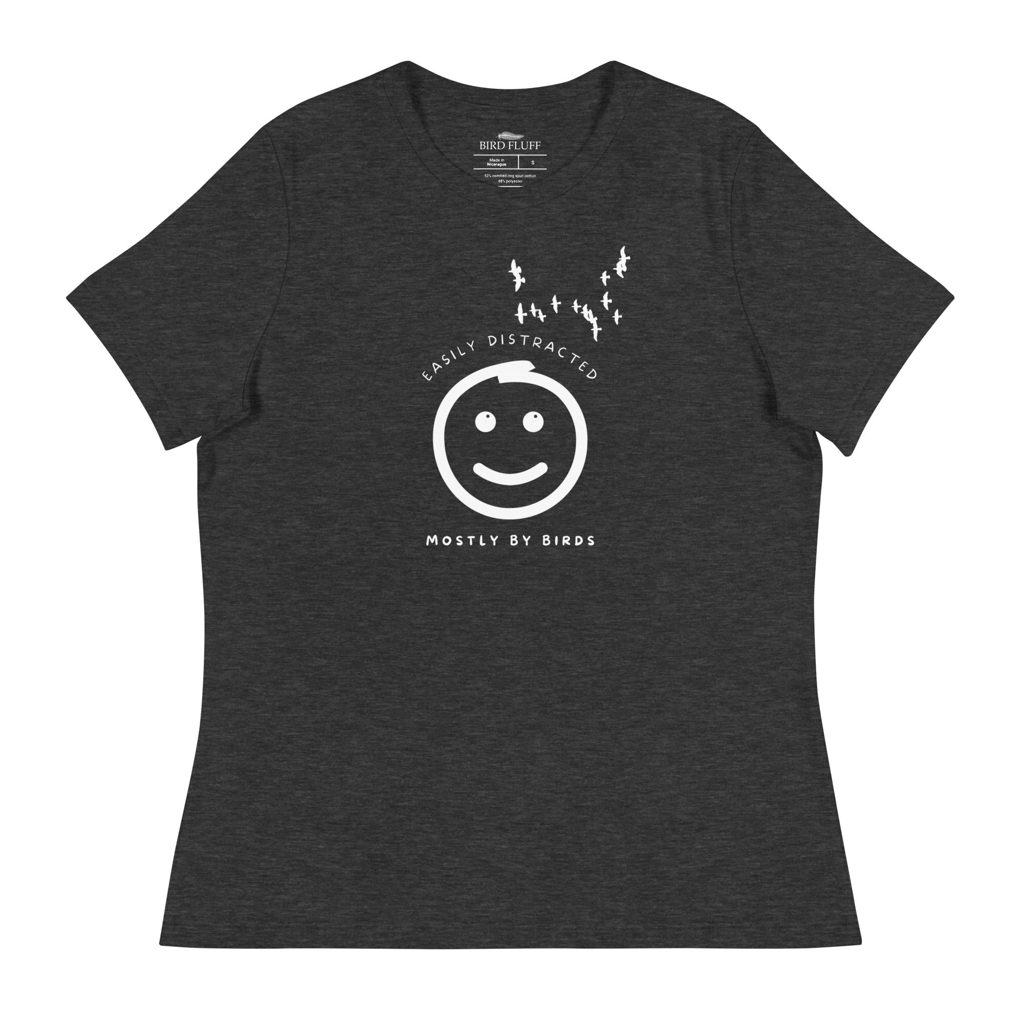 Dark gray heather women's bird t-shirt with a smiley face looking up and to the side at a flock of birds surrounded by the words, "Easily Distracted" above and, "Mostly by Birds" below.