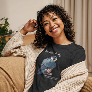 A dark heather gray women's bird shirt with the words, "Fast. Fierce. Fluffy" above an illustration of a peregrine falcon.