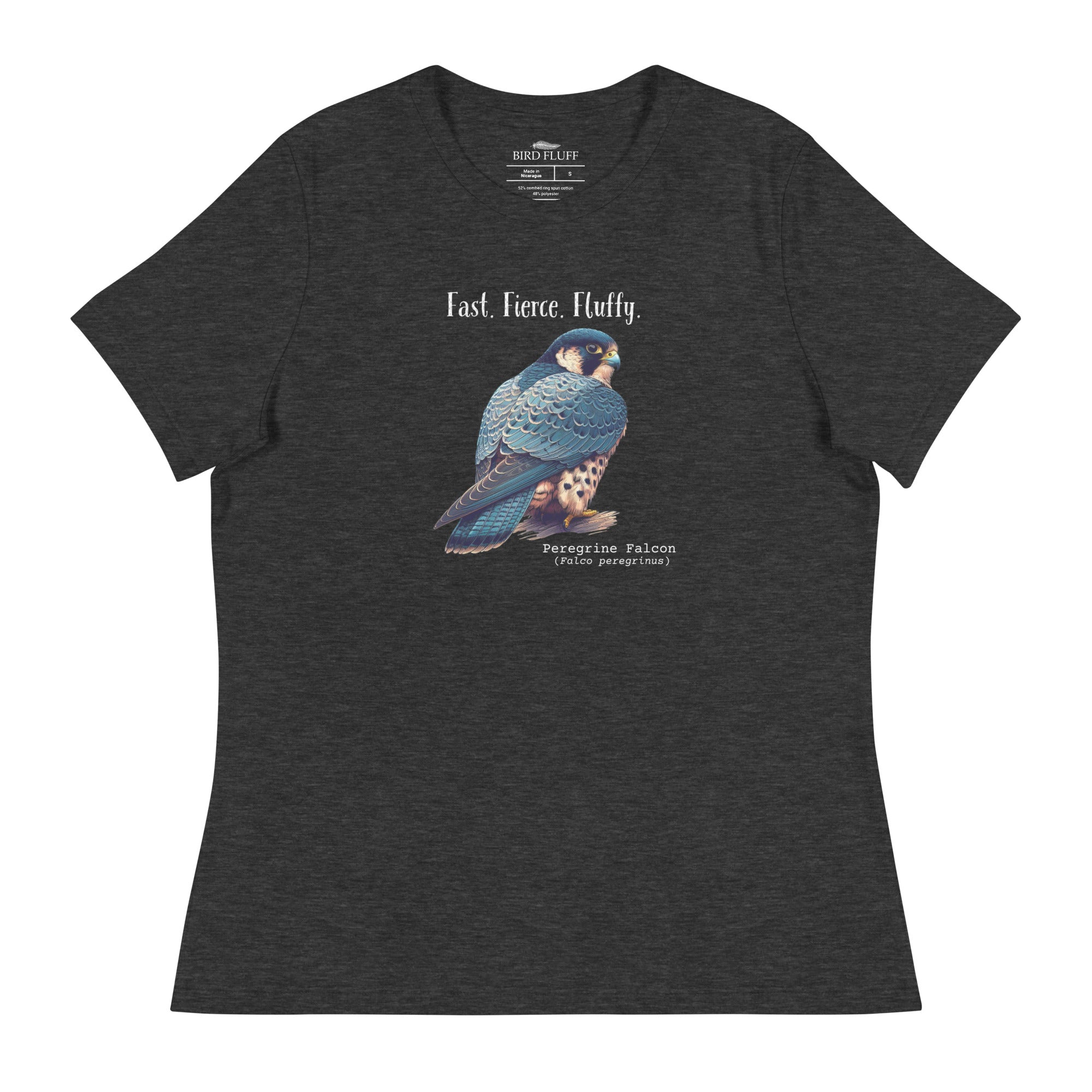 A dark heather gray women's bird shirt with the words, "Fast. Fierce. Fluffy" above an illustration of a peregrine falcon.