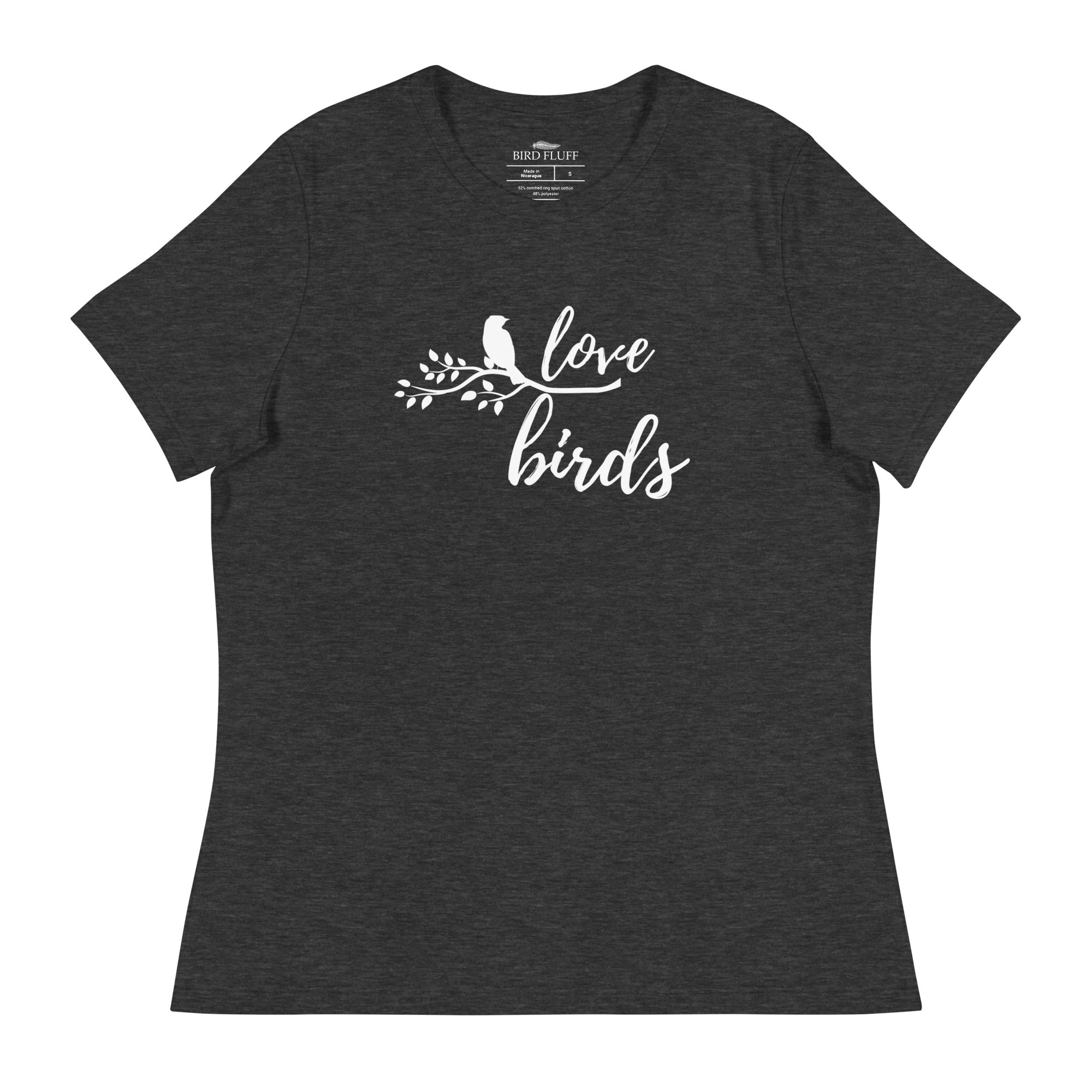 Dark heather gray women's birding t-shirt with the words Love birds and a graphic of a bird on a branch in white.