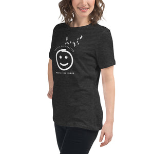 Dark heather gray women's bird t-shirt with a smiley face looking up and to the side at a flock of birds surrounded by the words, "Easily Distracted" above and, "Mostly by Birds" below. Worn by a woman.