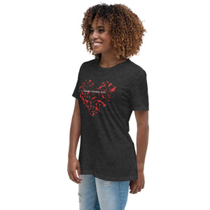 Dark heather gray women's bird t-shirt with a bird silhouettes of many different types of birds in red and arranged so they make a heart shape, on top of that the words, "Animalia, Chordata, Aves". Worn by a woman.